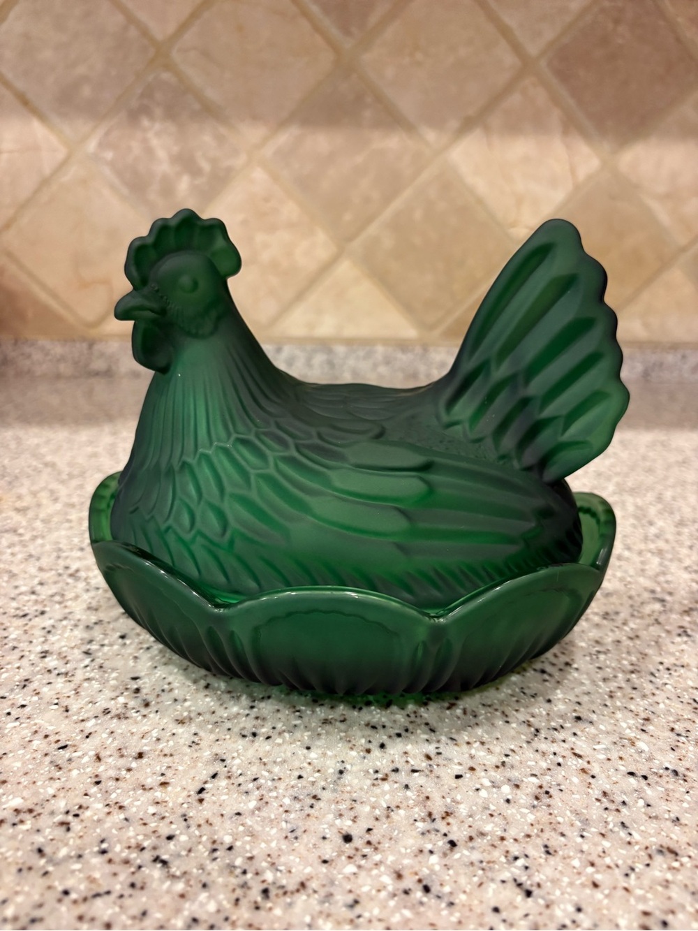 Frosted green glass hen-on-nest covered candy dish